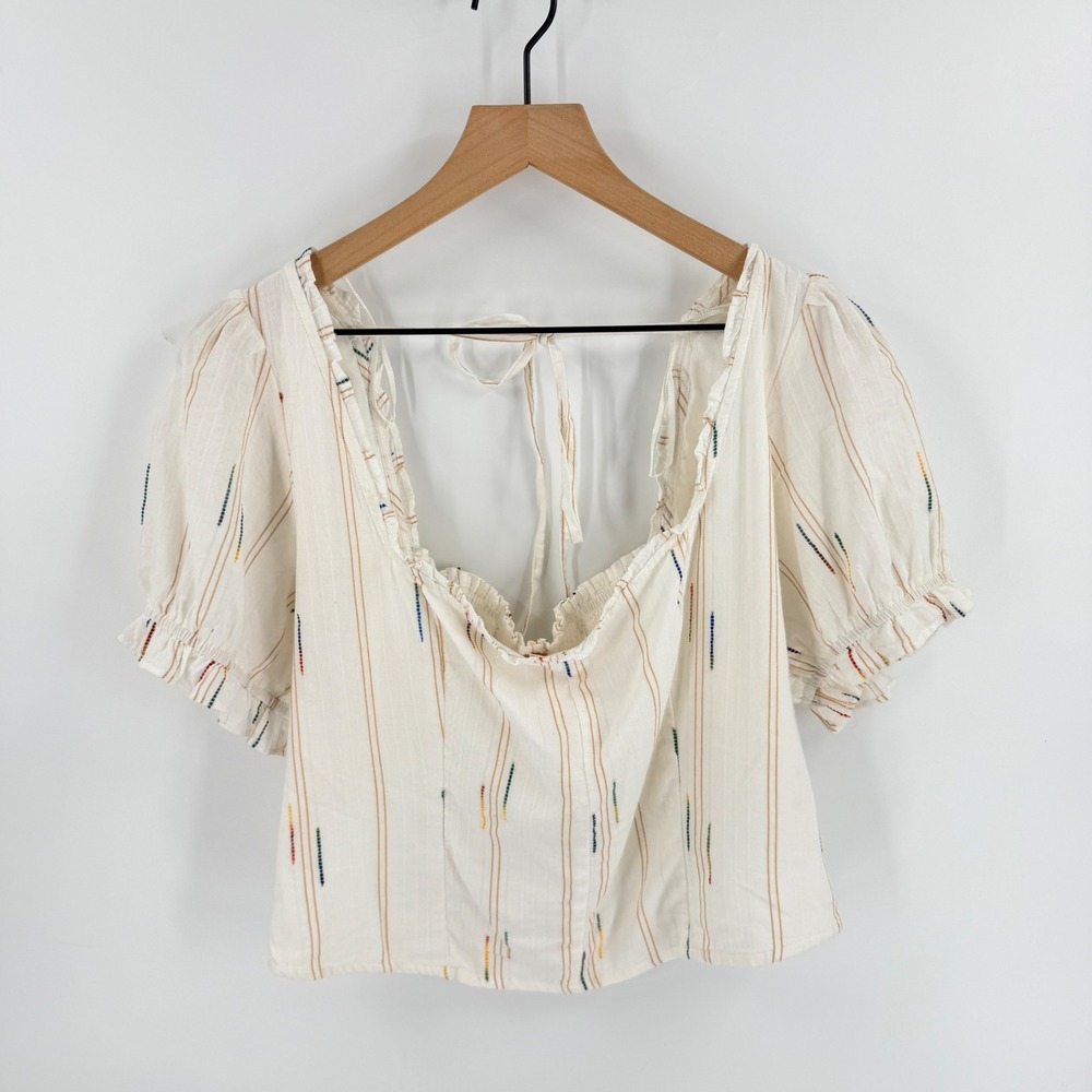 Free People NWT Puff Sleeve Crop Top Ivory XL Boho Smocked Square Neck